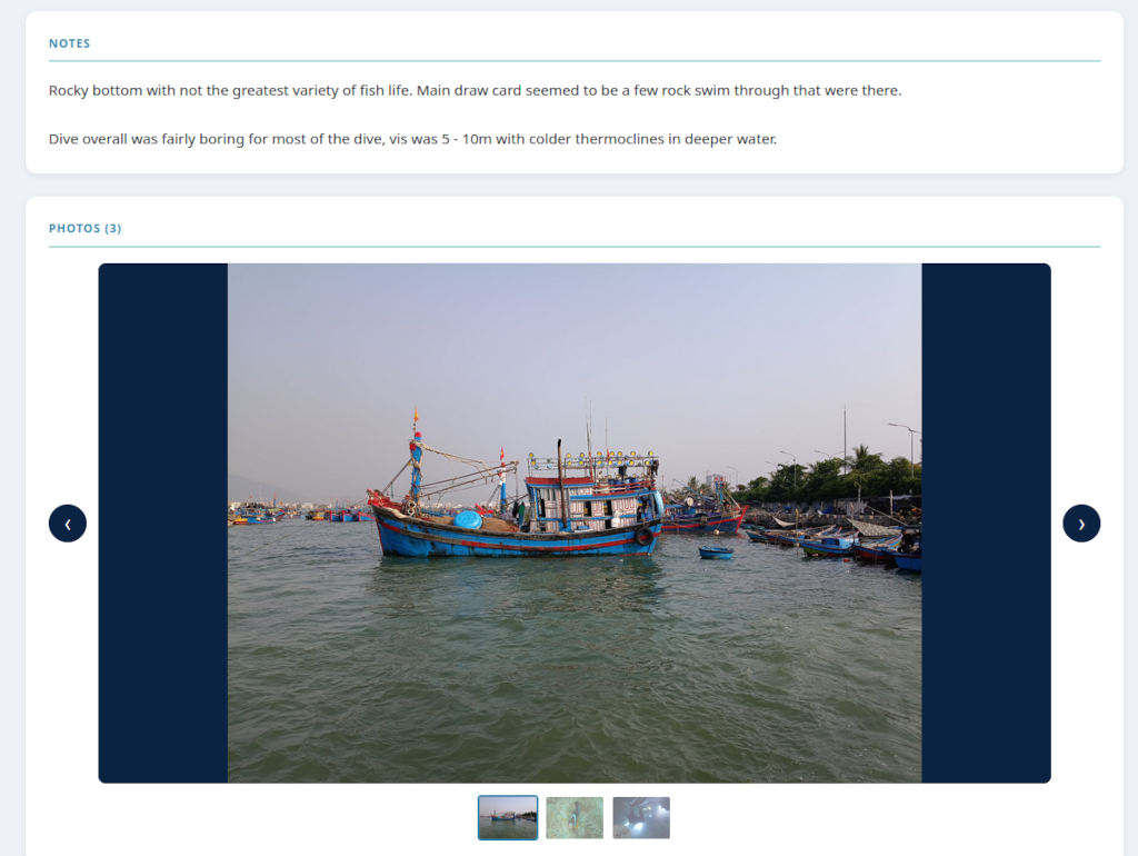 Dive notes and any associated media on the dive profile page.