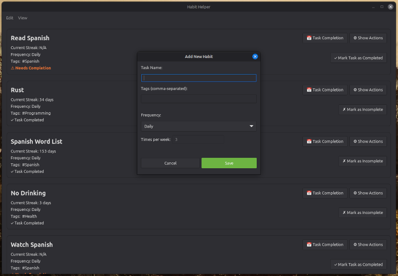 Adding a new task with a dark desktop theme active.