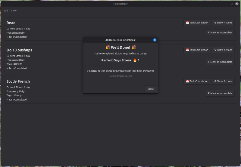 All due tasks marked as complete with a dark desktop theme active.