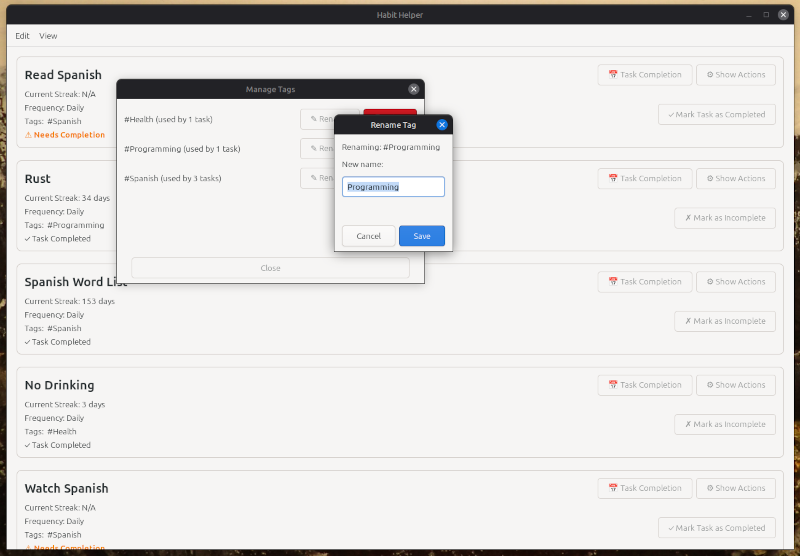 Tag management screen with a light desktop theme active.