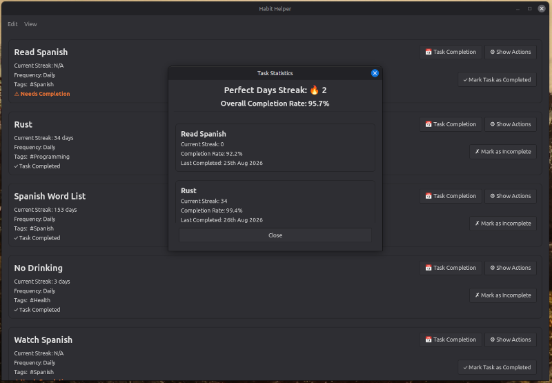 Task statistics screen with a dark desktop theme active.