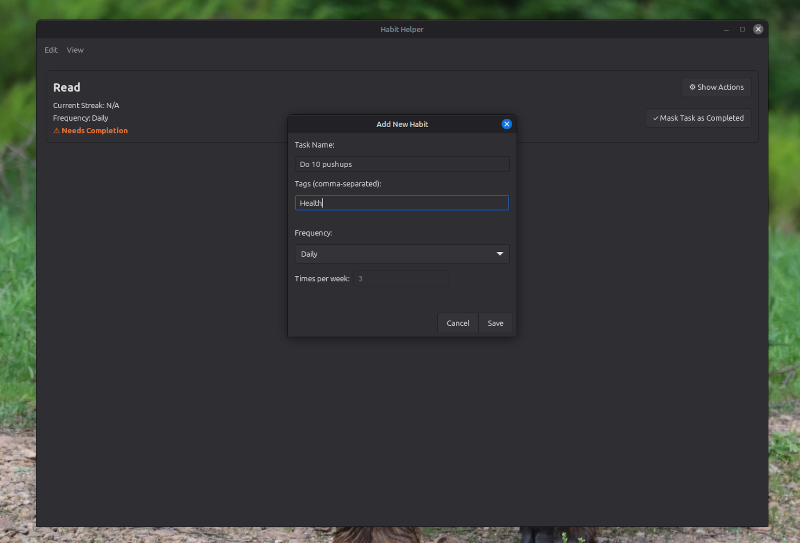 Adding a new task with a dark desktop theme active.