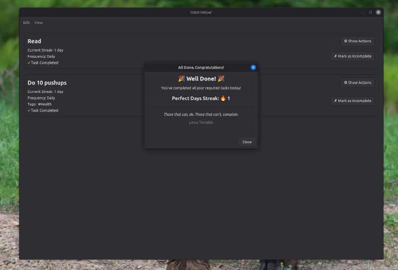 All due tasks marked as complete with a dark desktop theme active.