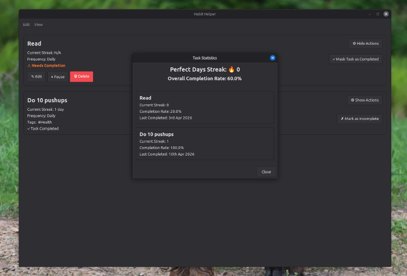 Task statistics screen with a dark desktop theme active.