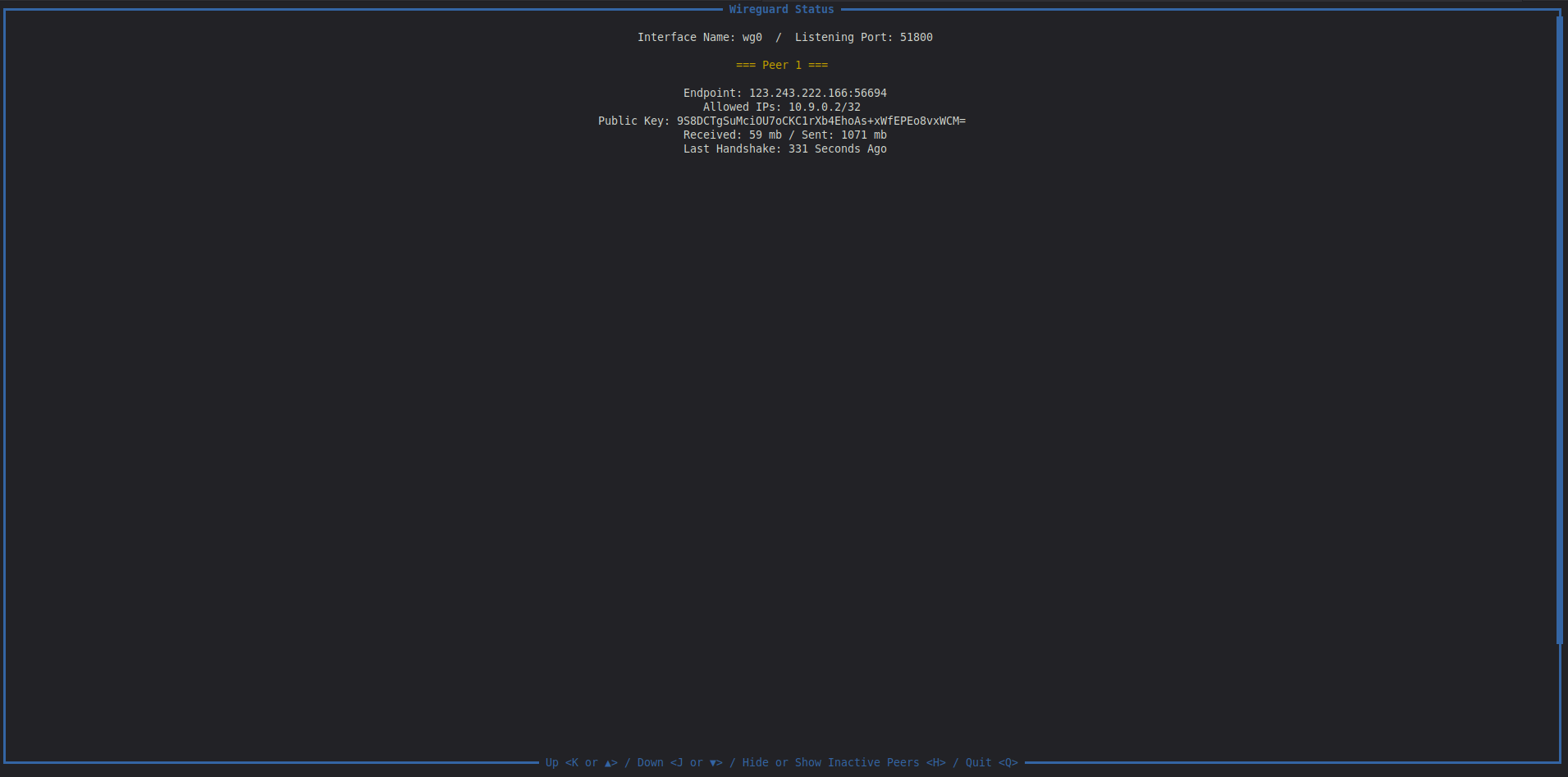 WireGuard Monitor interface narrowed down to only the currently active peers.